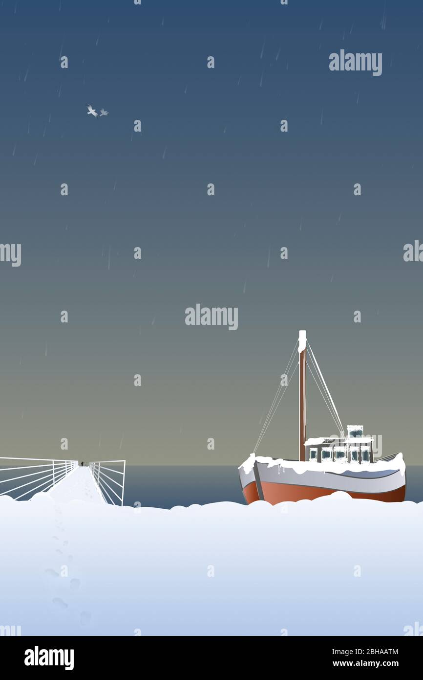 Barca sulla spiaggia in inverno, molo, poster motivi. Illustrazione. Foto Stock