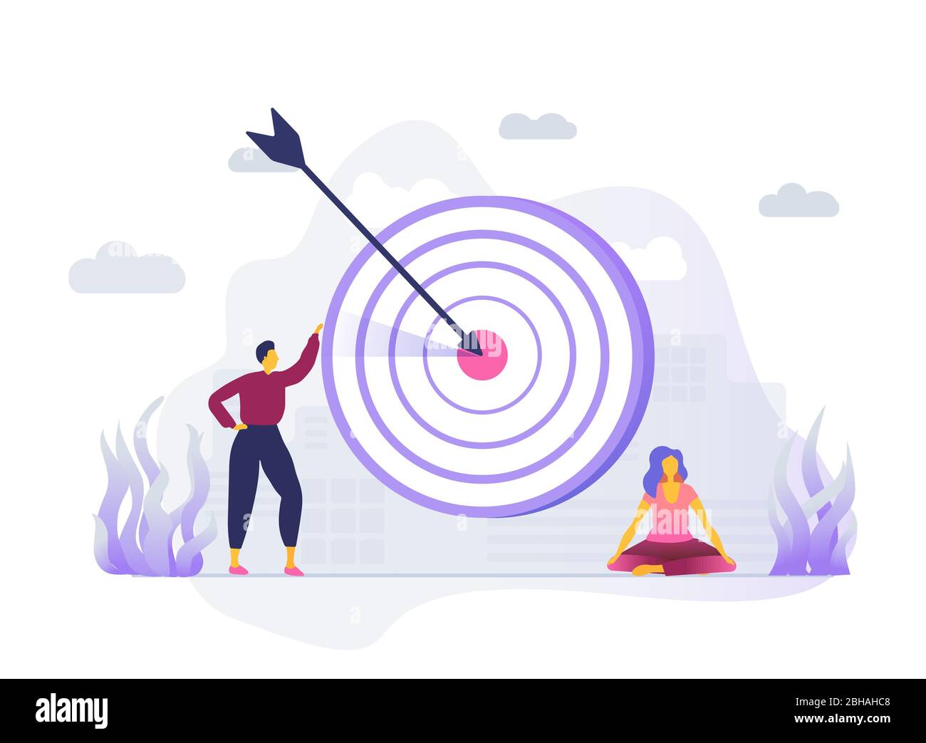 Leader uomo d'affari con obiettivo enorme e donna, lavoro di squadra, vettore disegno piano. Vittoria, raggiungimento degli obiettivi, raggiungimento degli obiettivi, successo del team aziendale, targeting. Illustrazione Vettoriale