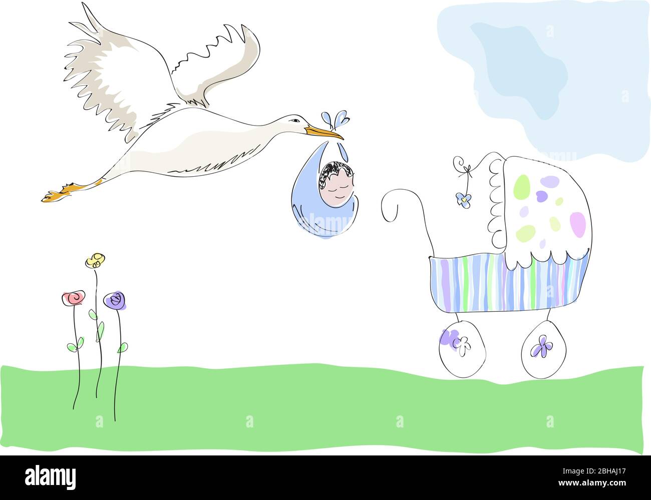 Cicogna che trasporta un bambino. Annuncio di nascita. È un ragazzo. Illustrazione vettoriale fatta da un bambino. Illustrazione Vettoriale