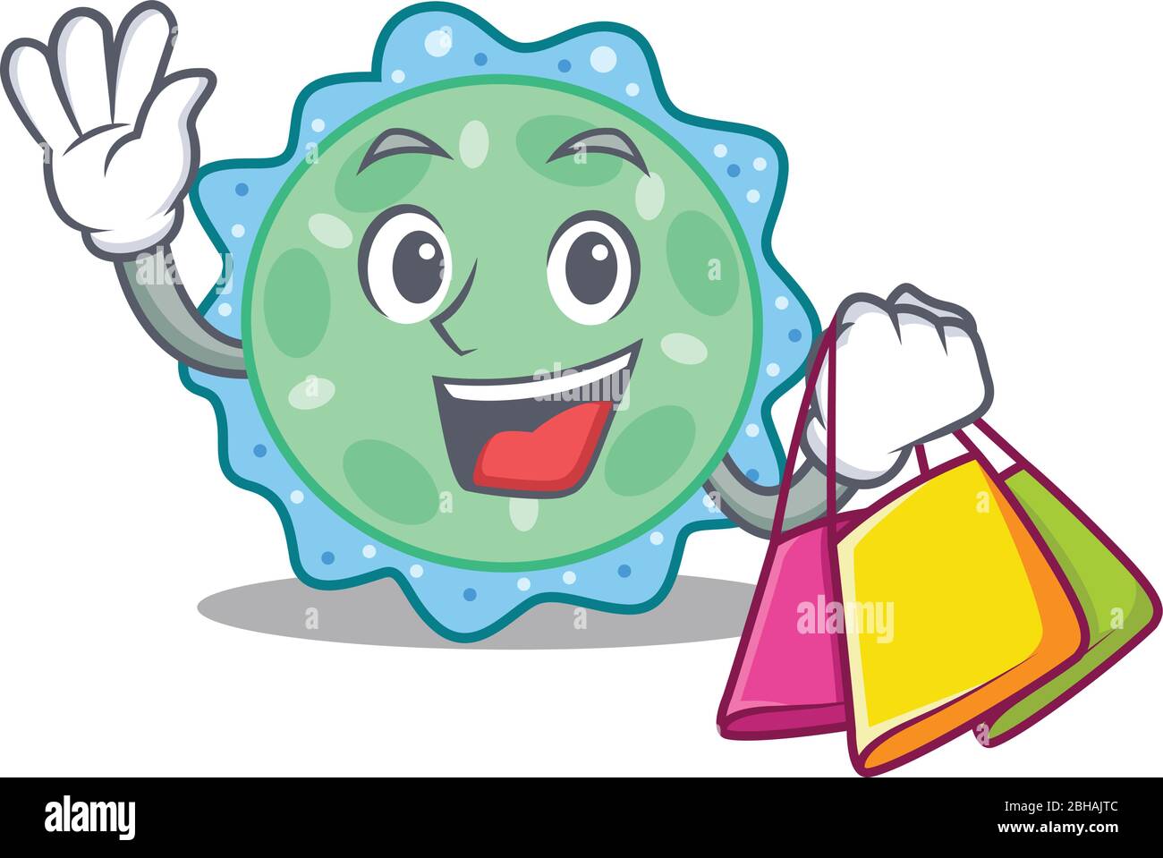 Ricco e famoso personaggio pseudomonas aeruginosa cartoon in possesso di borse per lo shopping Illustrazione Vettoriale