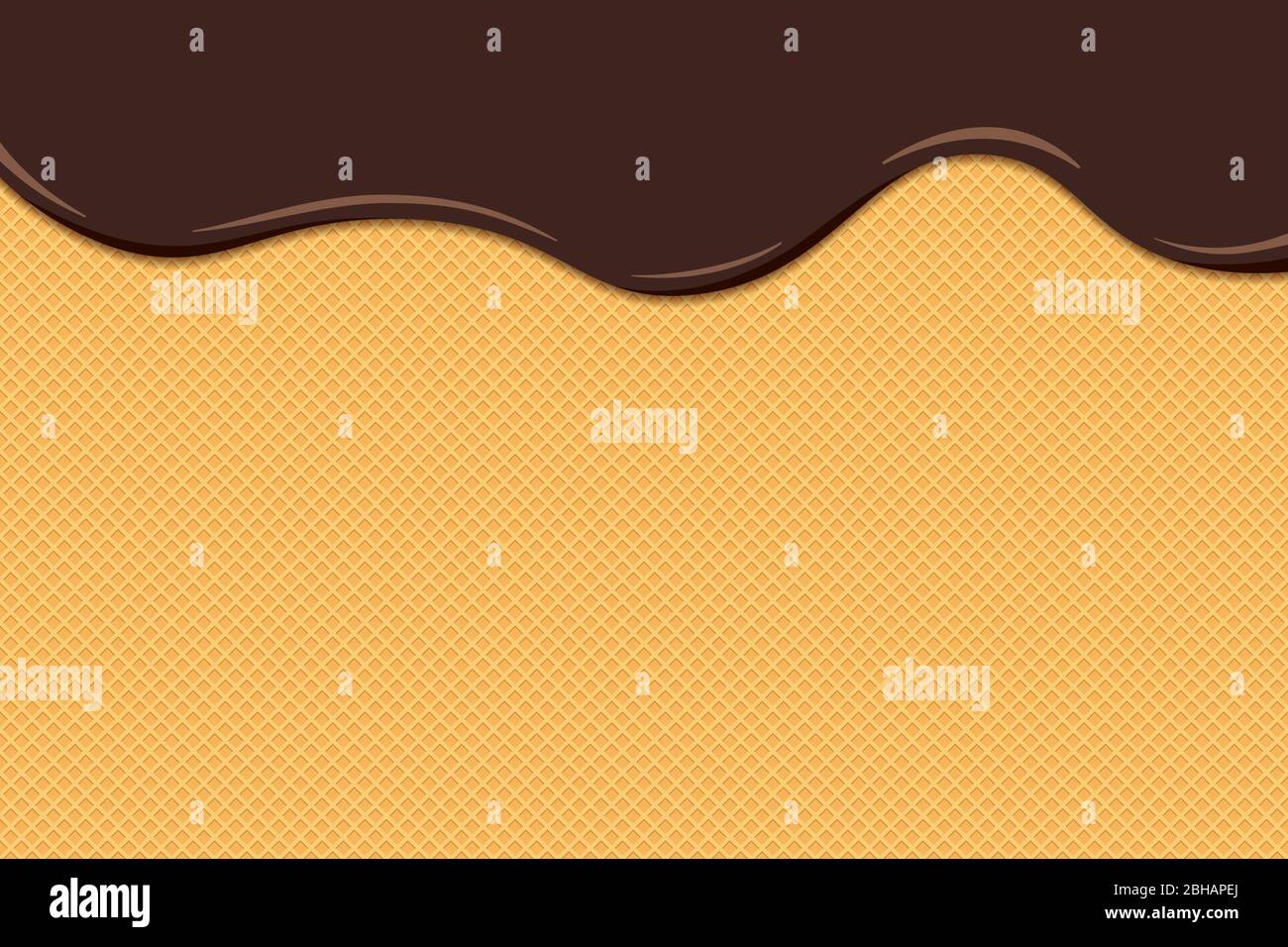 Il gelato al cioccolato si scioglie e scorre sulla superficie dei waffle tostati. Wafer satinato trama dolce fondo torta. Illustrazione eps vettoriale piatto Illustrazione Vettoriale