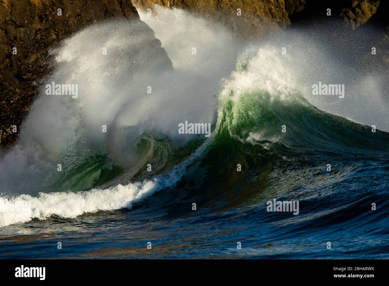 Onde che si infrangono sulla costa rocciosa, Cape Disappointment state Park, Washington, USA Foto Stock