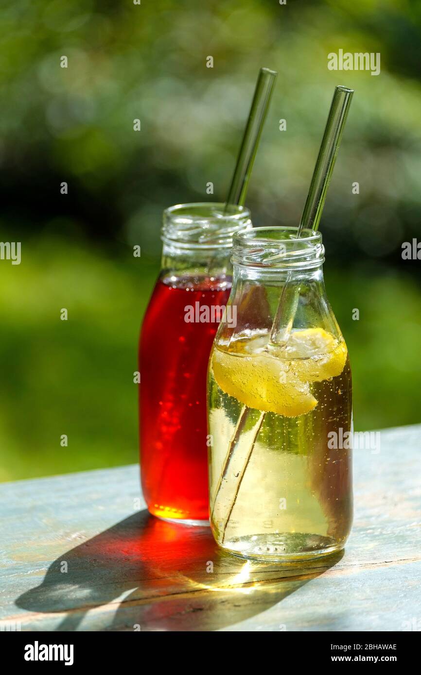 Due piccole bottiglie di vetro con limonata di limone e sambuco fatti in casa su un tavolo da giardino Foto Stock