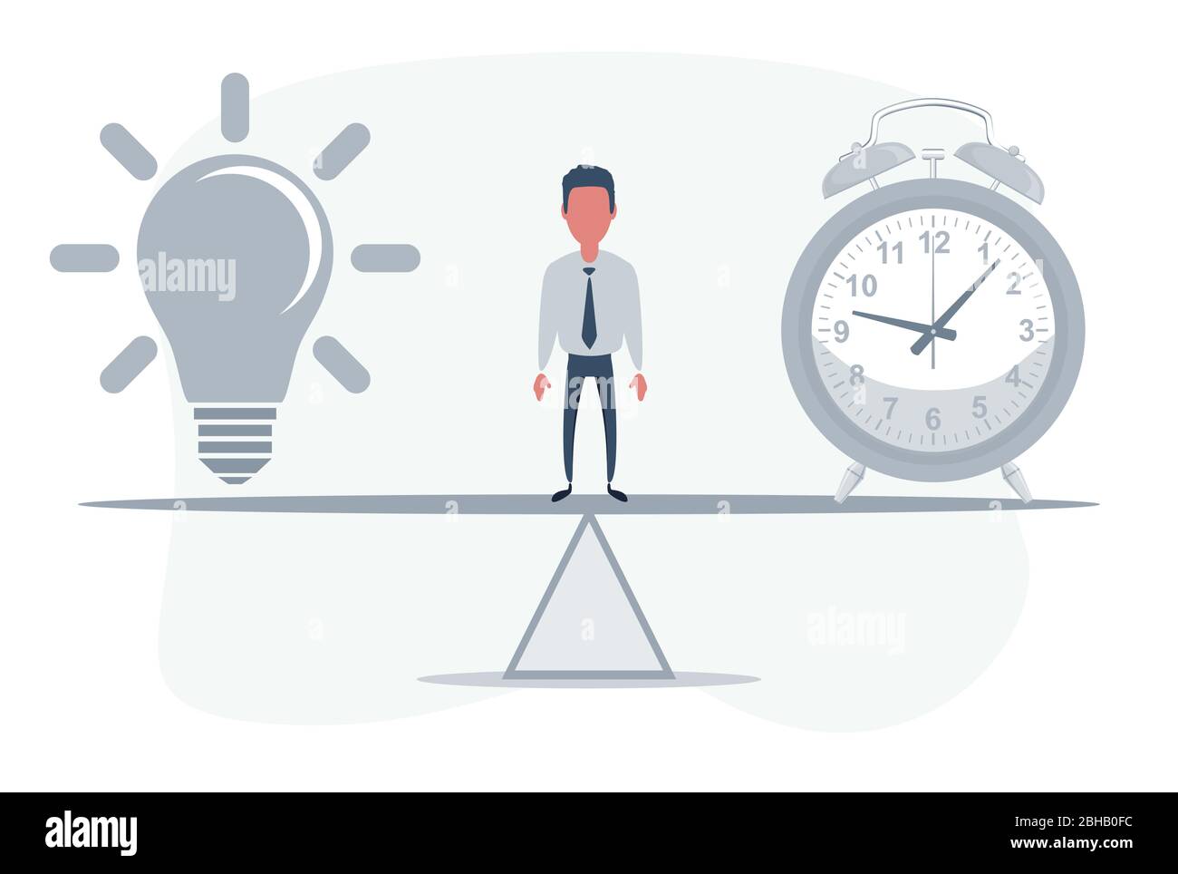 Uomo in piedi sulla scogliera tra orologio e lampadina. Illustrazione Vettoriale