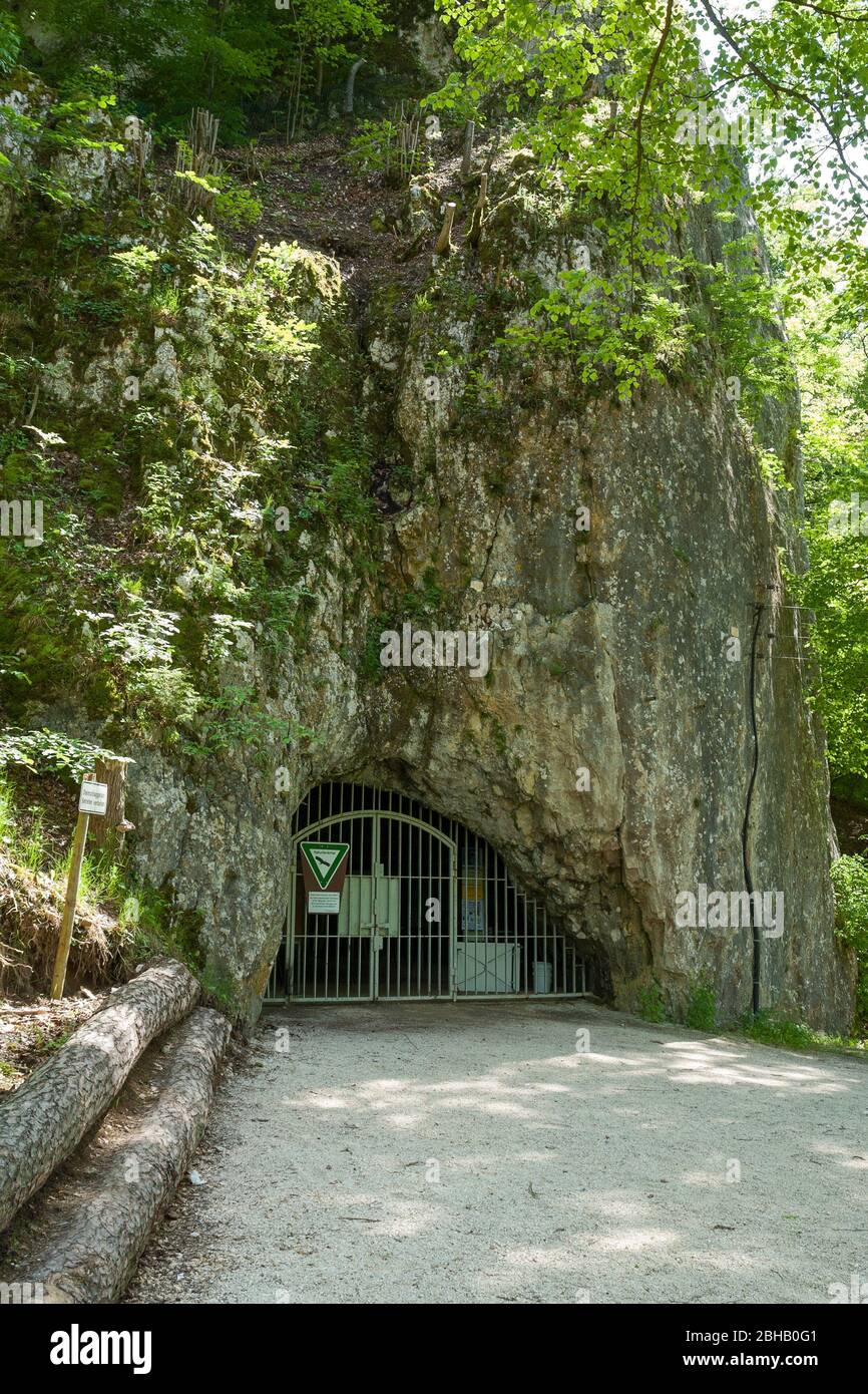 Germania, Baden-Württemberg, Schelklingen, ingresso alla grotta 'Hohler Fels', uno dei siti più importanti del Paleolitico superiore. Foto Stock