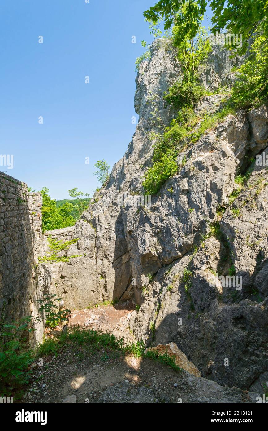 Germania, Baden-Wuerttemberg, Lenningen-Oberlenningen, rovine del castello Wielandstein nella valle superiore di Lenninger, nella zona della biosfera Swabian Alban. Foto Stock