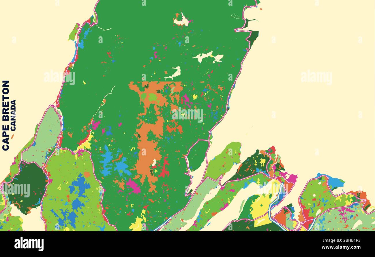 Mappa vettoriale colorata di Cape Breton, Nuova Scozia, Canada. Modello Art Map per autostampare opere d'arte murali in formato orizzontale. Illustrazione Vettoriale