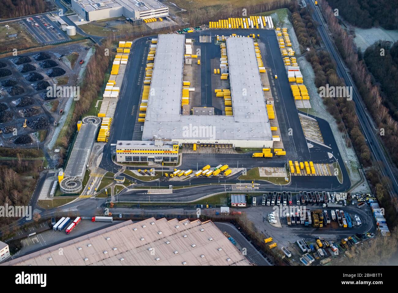 Vista aerea, DHL Freight Center, Ufficio produzione e vendite, East Business Park, Dorsten, Ruhr Area, Nord Reno-Westfalia, Germania Foto Stock