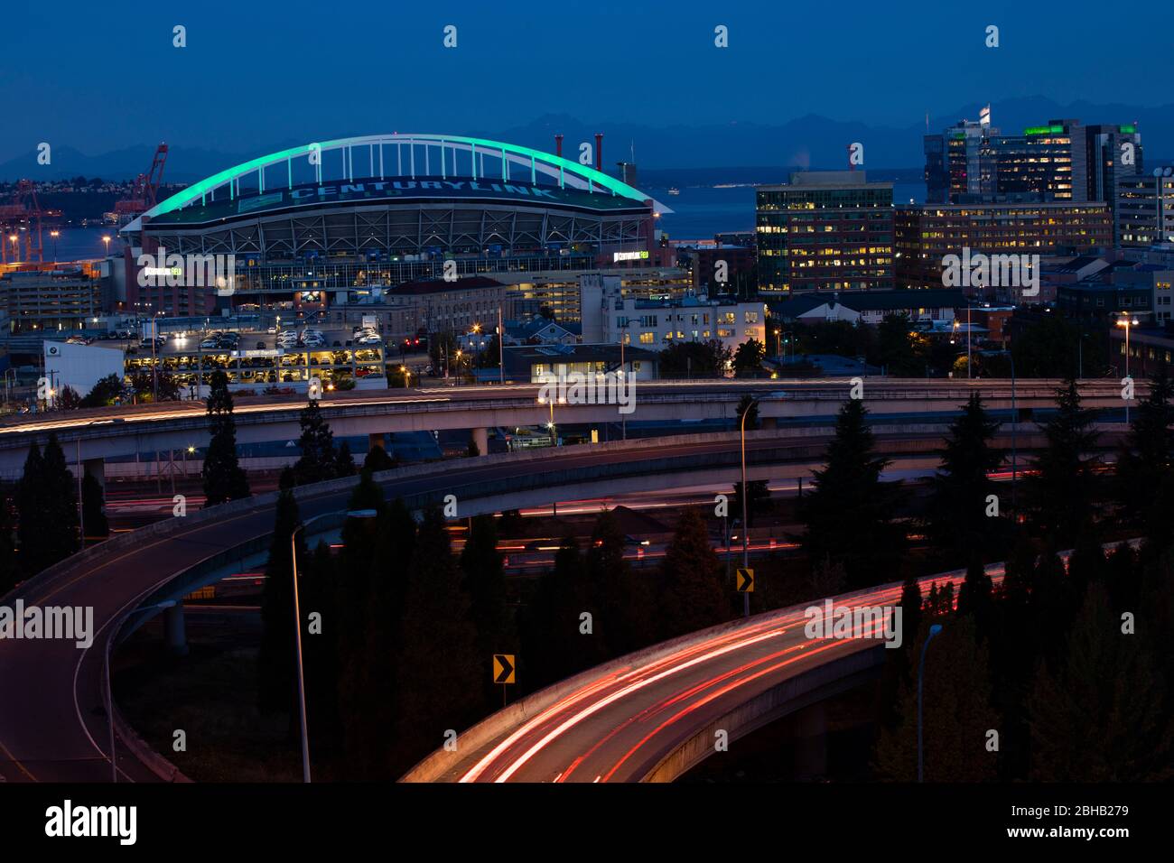 Vista notturna di Seattle, Washington, USA Foto Stock