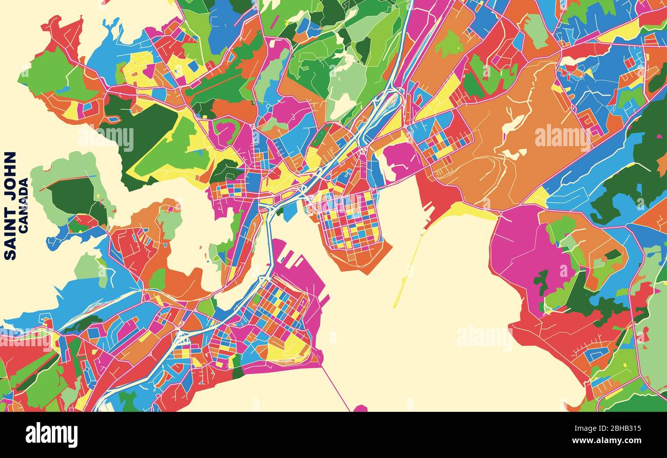 Mappa vettoriale colorata di San Giovanni, New Brunswick, Canada. Modello Art Map per autostampare opere d'arte murali in formato orizzontale. Illustrazione Vettoriale