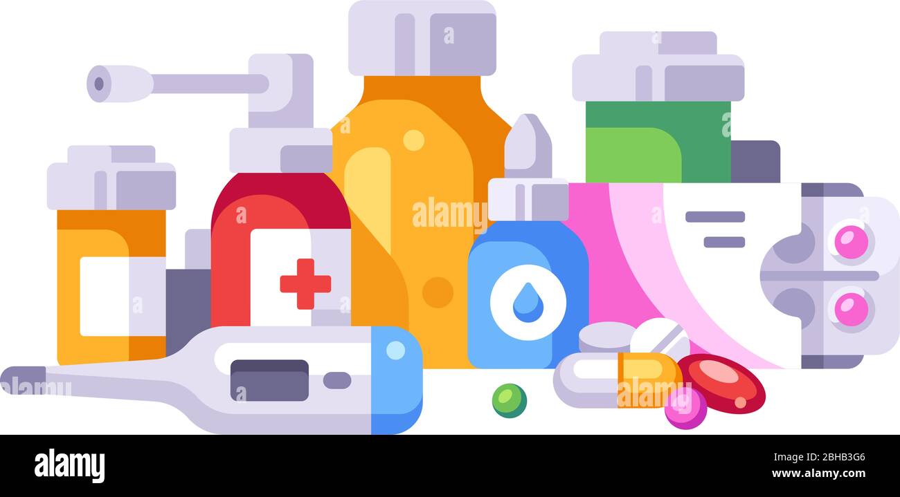 Vari farmaci in bottiglie e scatole. Pillole, spray alla gola, gocce nasali. Concetto di medicina Illustrazione Vettoriale