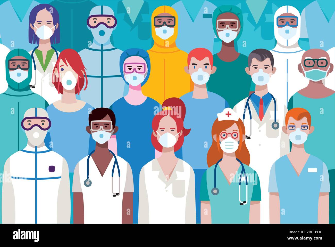 Team di medici o infermieri femminili e maschili che indossano diversi equiment di protezione personale per lavorare in un ospedale per combattere contro il virus covid-19. Illustrazione Vettoriale
