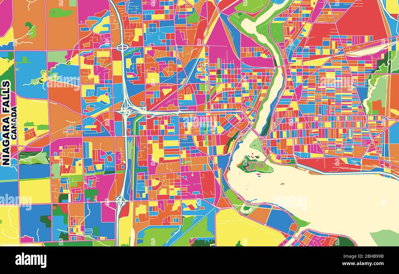 Mappa vettoriale colorata delle Cascate del Niagara, Ontario, Canada. Modello Art Map per autostampare opere d'arte murali in formato orizzontale. Illustrazione Vettoriale