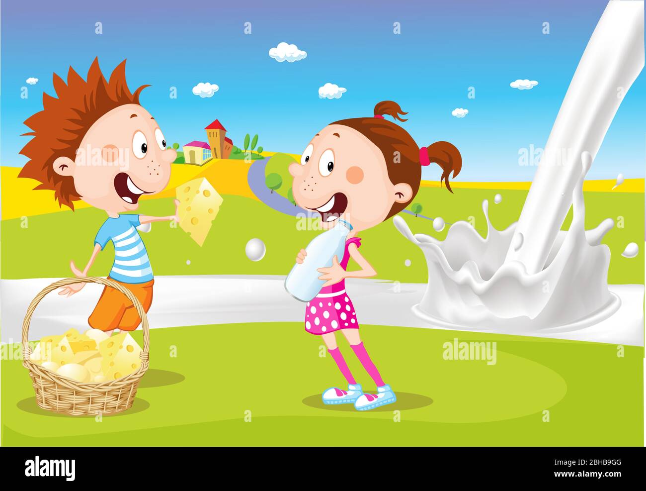 Ragazzo e ragazza tenere formaggio e latte vicino al fiume lattiginoso su sfondo naturale - cartoon illustrazione vettoriale Illustrazione Vettoriale