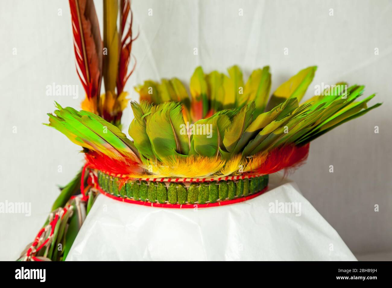 Corona di piume d'uccello come pappagalli e toucans indossati dagli anziani Shuar Foto Stock