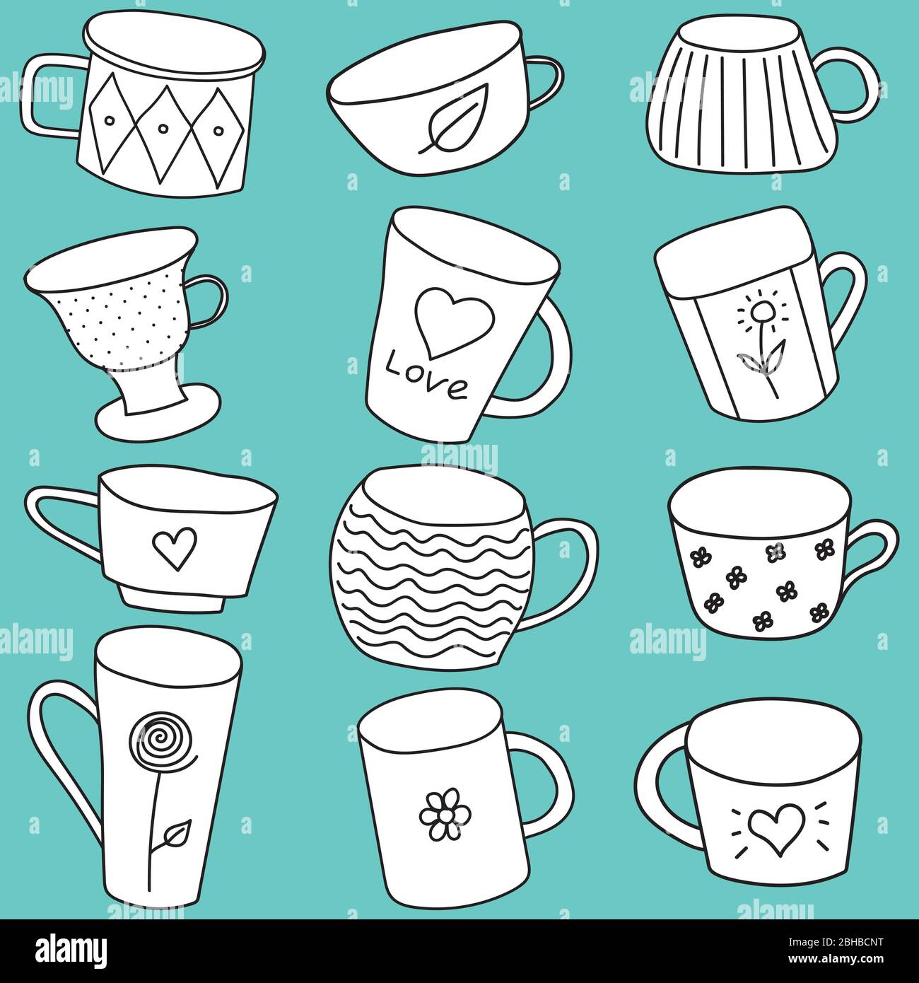 Tazze da tè carine con disegni, varie forme, stile Doodle, bianco su sfondo  turchese, motivo vettoriale senza cuciture, per tessuto, carta. Set di tazze  Immagine e Vettoriale - Alamy