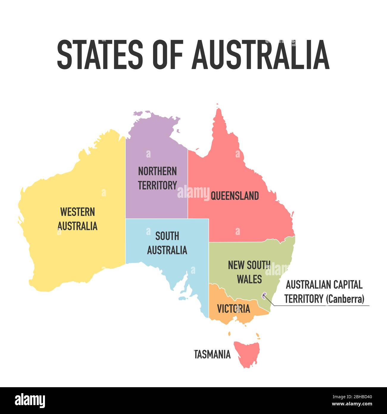 Mappa Australia, nuova mappa dettagliata politica, Stati separati, con nomi di stato, isolato su sfondo bianco illustrazione vettoriale eps 10 Illustrazione Vettoriale