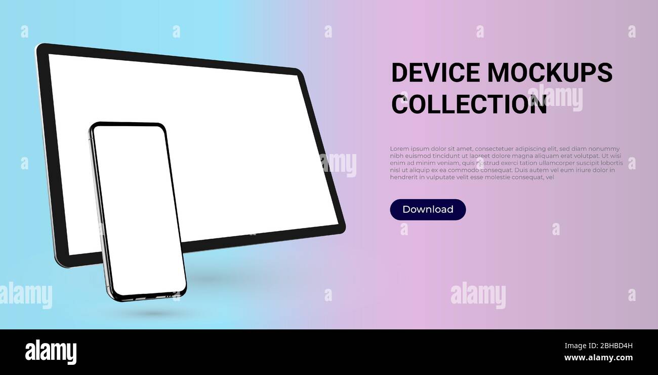 Modello realistico di tablet digitale e smartphone per la progettazione Web, pagine Web, banner, atterraggi, presentazioni. Illustrazione Vettoriale
