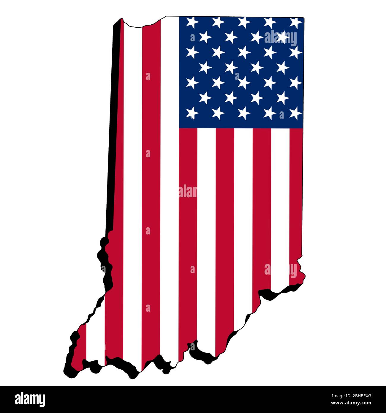 Mappa dello stato dell'Indiana con illustrazione 3d della bandiera americana, isolata su sfondo bianco Foto Stock
