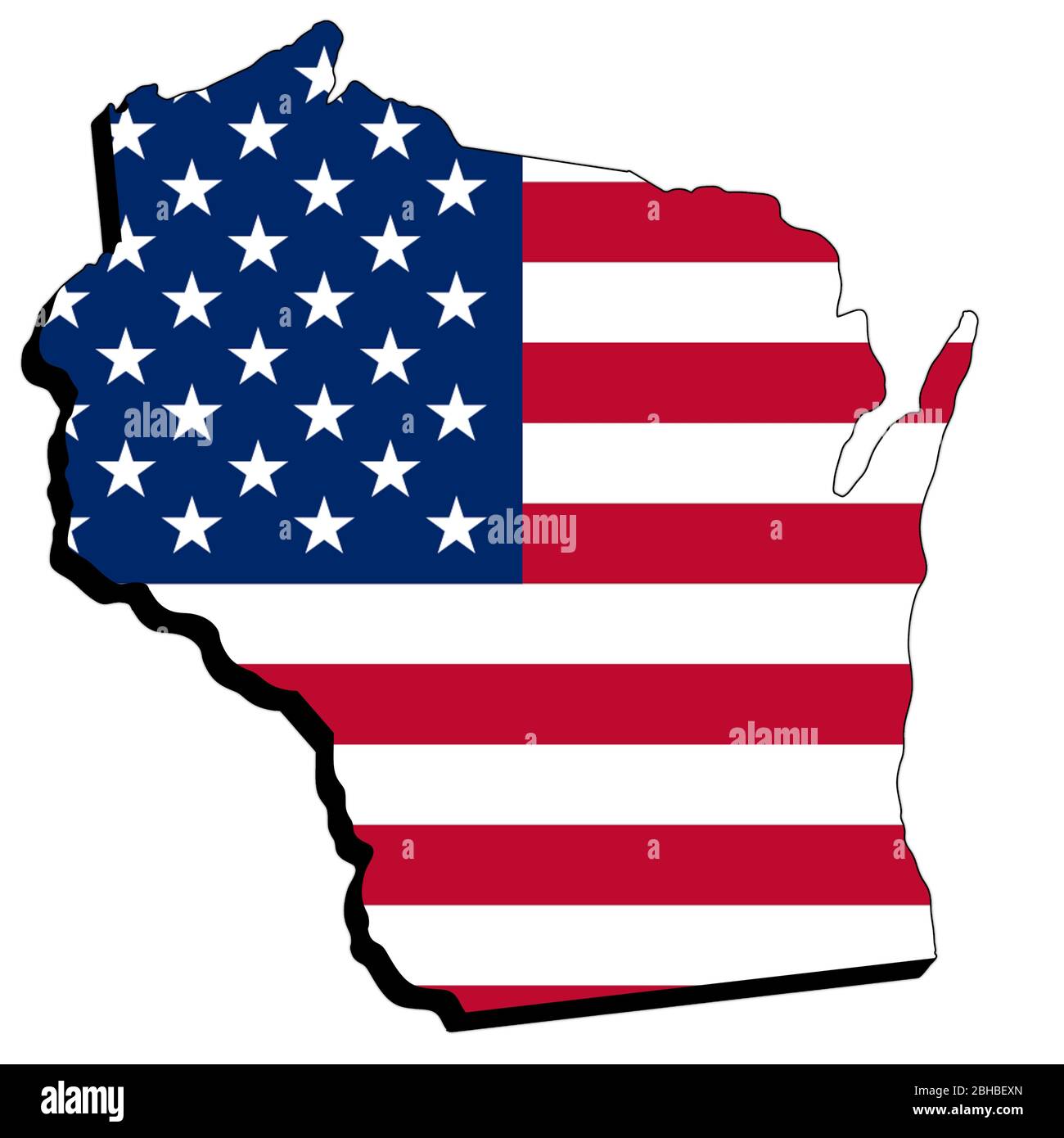 Mappa 3d del Wisconsin con illustrazione della bandiera americana isolata su sfondo bianco Foto Stock