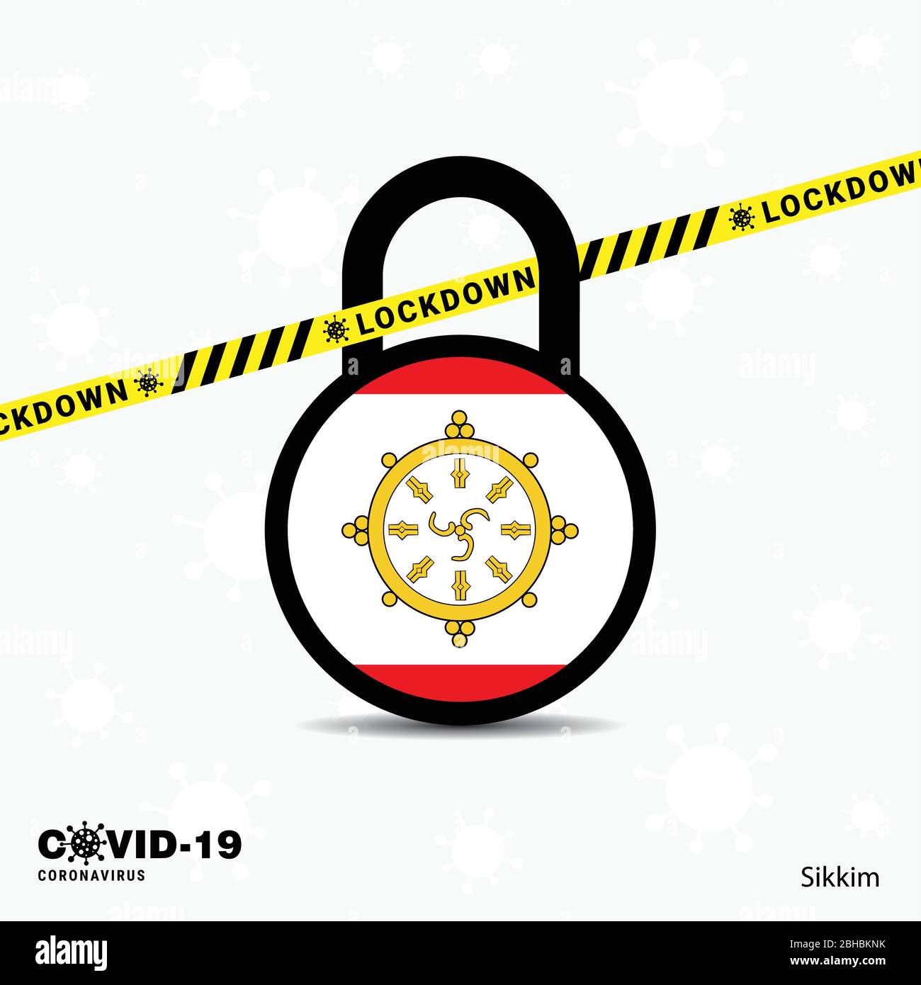 Sikkim Lock Down Lock Coronavirus pandemic awareness Template. Design con blocco COVID-19 Illustrazione Vettoriale