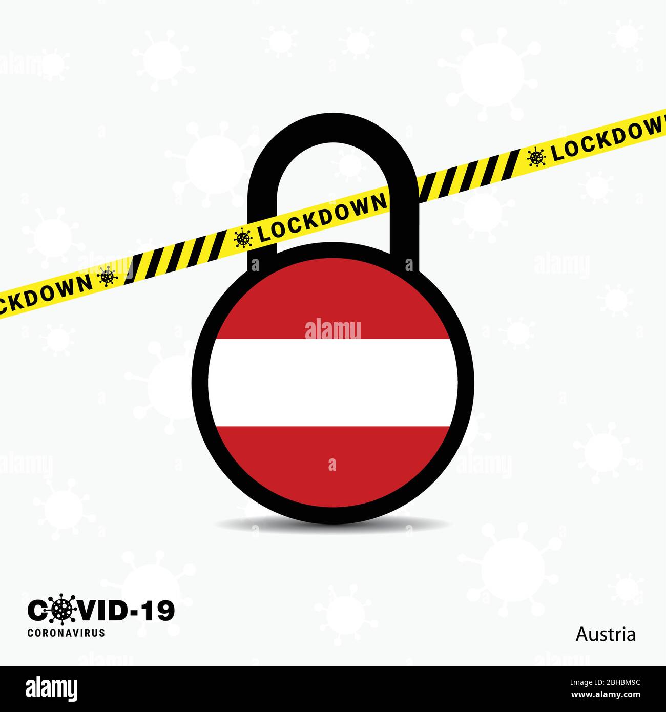 Austria Lock Down Lock Coronavirus pandemic awareness Template. Design con blocco COVID-19 Illustrazione Vettoriale