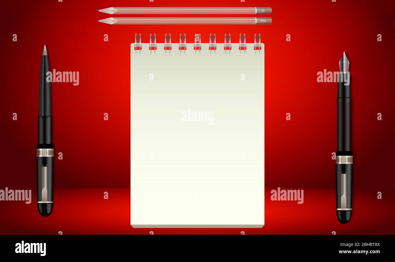 simetta l'illustrazione di notebook, penna, matita su sfondo astratto Illustrazione Vettoriale