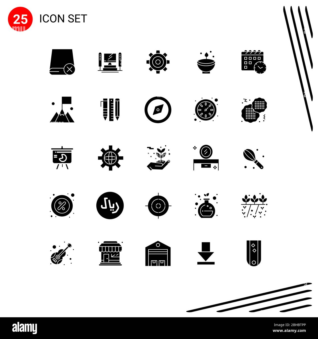 25 interfaccia utente Solid Glyph Pack di segni moderni e simboli di diwali, Deepam, cpu, celebrare, impostare elementi di progettazione vettoriale editabili Illustrazione Vettoriale