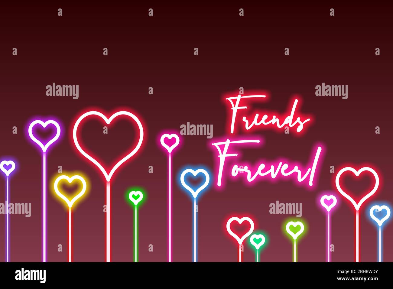 Best Friends Forever Neon art con elementi decorativi del cuore in più colori. Concetto di amicizia senza fine. Foto Stock
