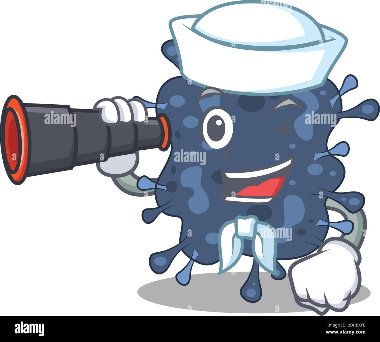 Un'icona di cartoni animati di batteri neisseria Sailor con binoculare Illustrazione Vettoriale