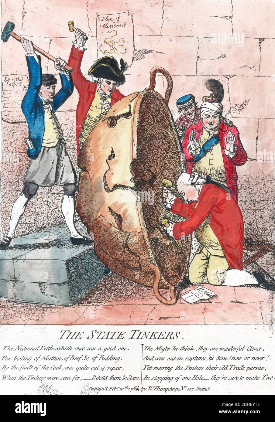 Gli indicatori di stato - tre uomini che rompono una grande ciotola che è cracked e patched. Lord North è mostrato chiseling all'interno della ciotola, dietro la ciotola è Lord Sandwich, accanto a Lord Sandwich è un uomo identificato come Lord George Germain. Dietro Lord North si trova Giorgio III le cui mani sono sollevate come se fossero a sorpresa. Sulla parete dietro sono esposti due documenti etichettati 'elenco della Marina militare' e 'piano di Minden'. Febbraio 1780 Foto Stock