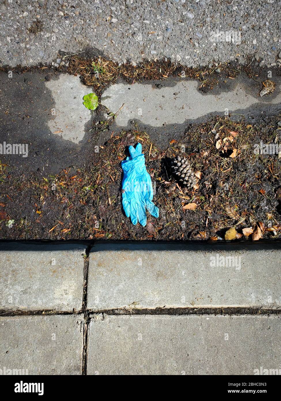 Un paio di guanti in gomma per uso medico gettati in una grondaia Foto Stock