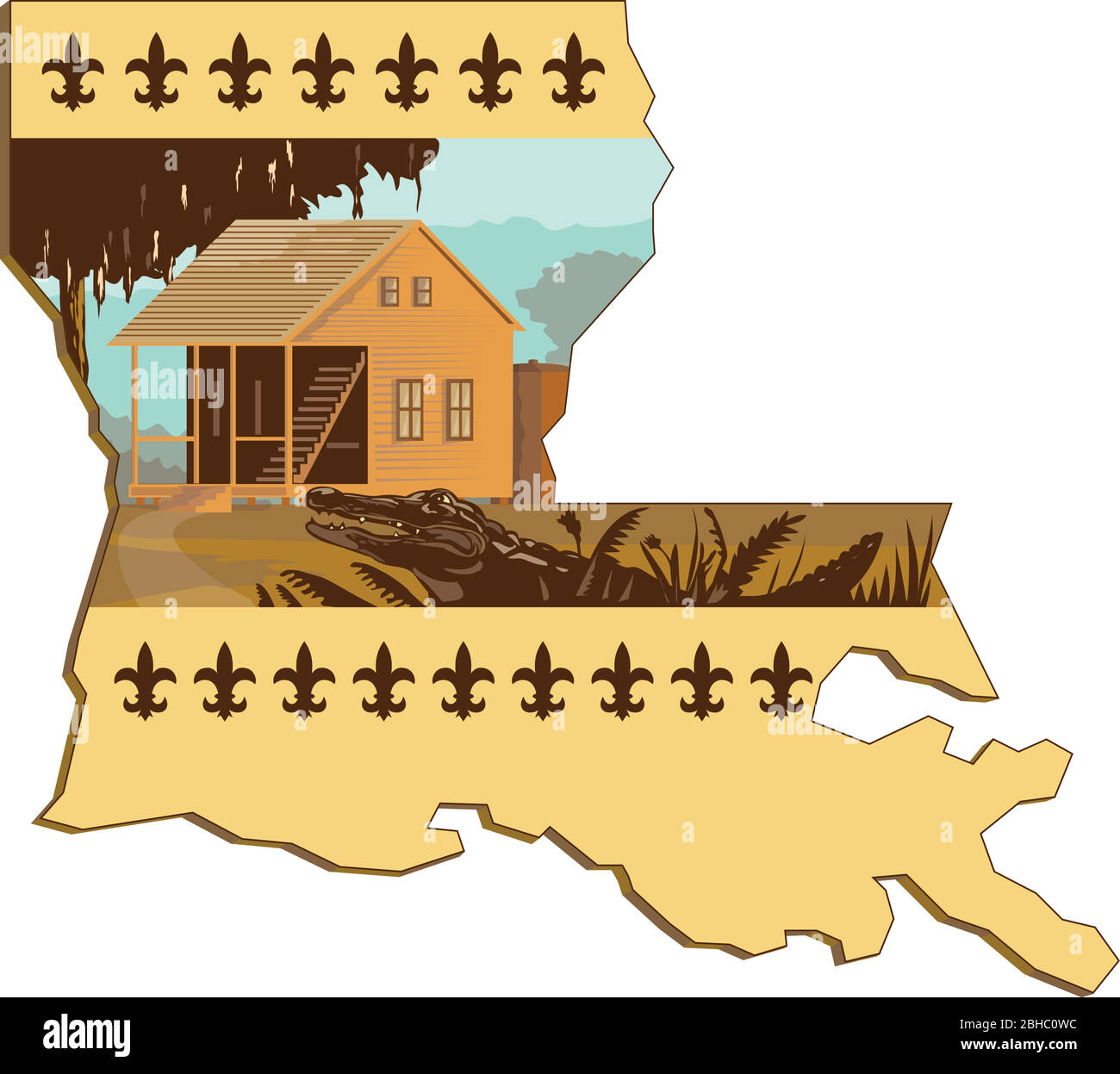 Illustrazione in stile wpa retrò di una casa Cajun e alligatore o gator in primo piano ambientato all'interno del profilo della mappa di stato della Louisiana degli Stati Uniti d'America Illustrazione Vettoriale