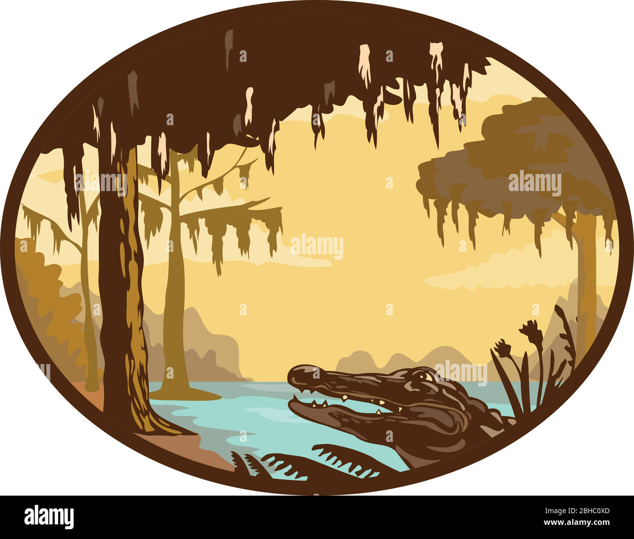 Illustrazione in stile wpa retrò di un tipico bayou, palude o palude trovato nello stato della Louisiana e attraverso il sud-est americano con alligatore o. Illustrazione Vettoriale