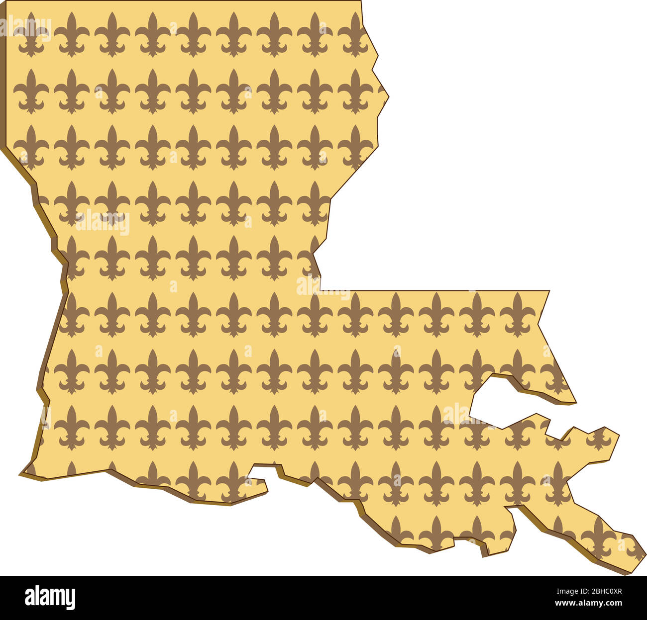Illustrazione in stile retrò di un profilo della mappa dello stato della Louisiana degli Stati Uniti d'America, USA con interno fleur-de-lis su sfondo isolato. Illustrazione Vettoriale