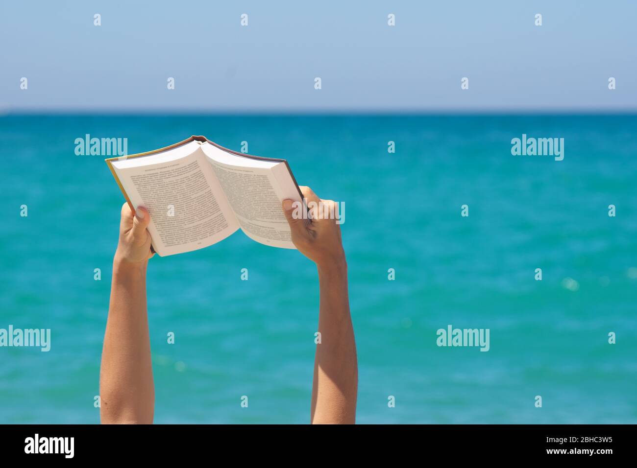 Donna mani tenendo libro e lettura sul mare. Scena concettuale. Elemento di progettazione. Foto Stock