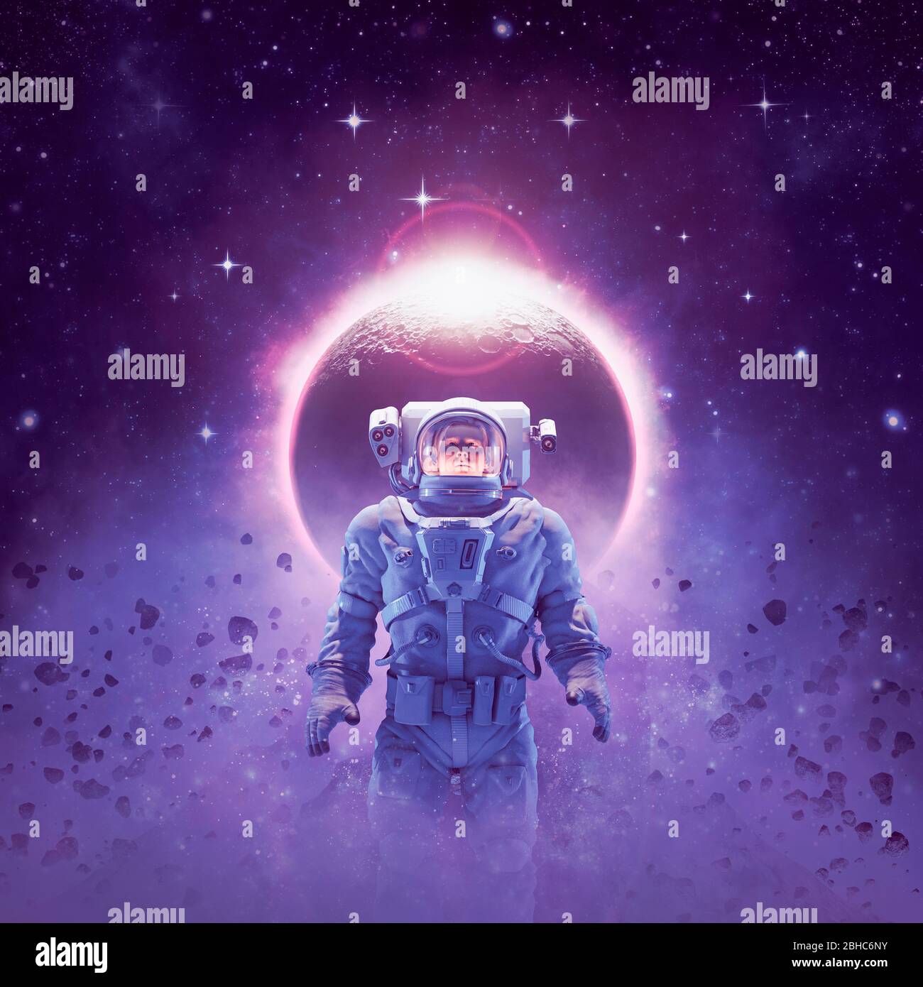 Avventura nello spazio profondo / illustrazione 3D della scena fantascienza di astronauta eroico illuminato da eclissi solare circondato da asteroidi Foto Stock