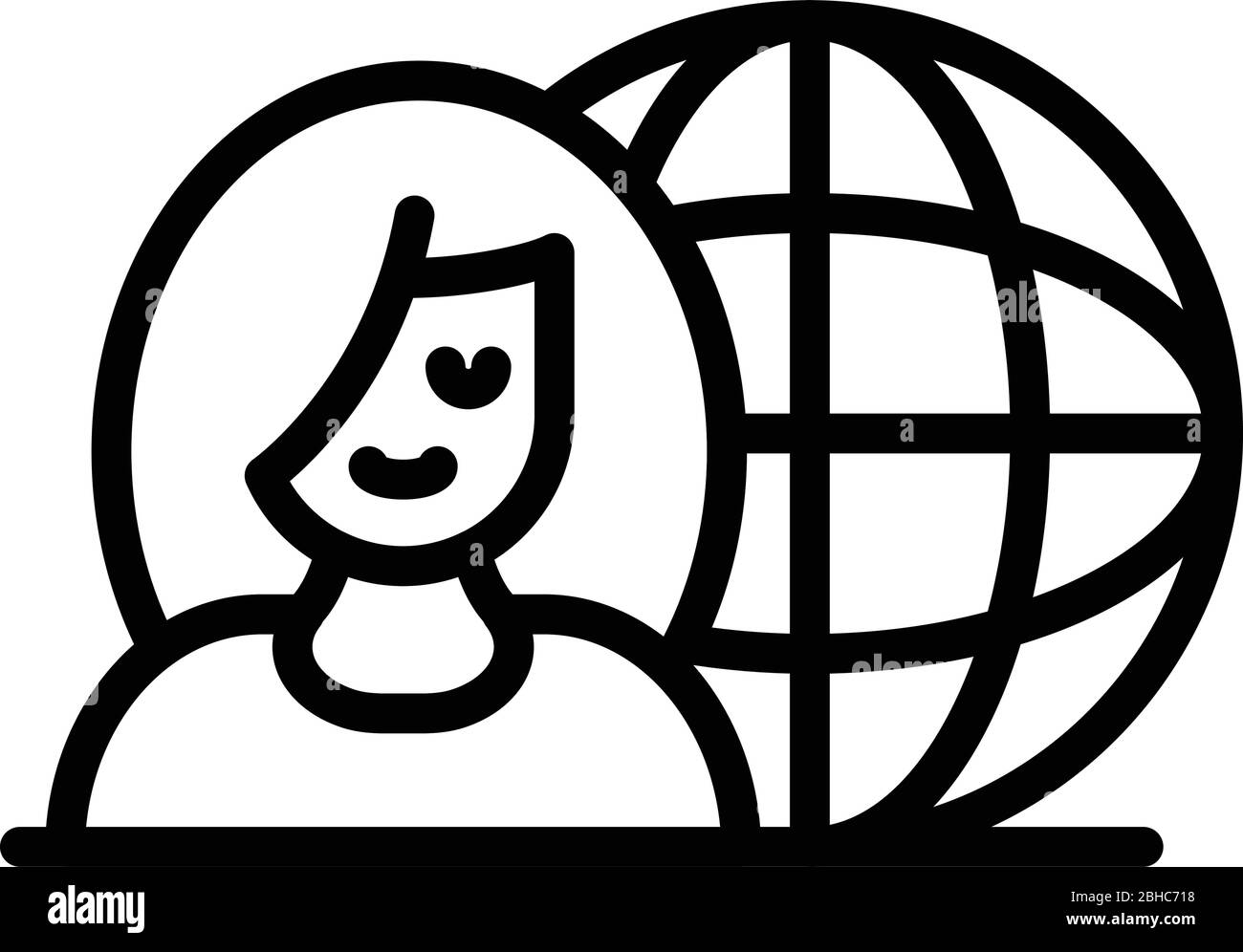 Icona ragazza e globo, stile contorno Illustrazione Vettoriale