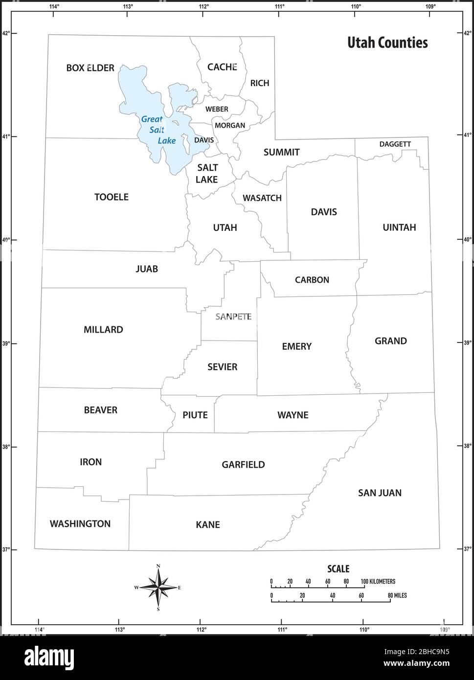 lo stato dello utah delineano la mappa vettoriale amministrativa e politica in bianco e nero Illustrazione Vettoriale