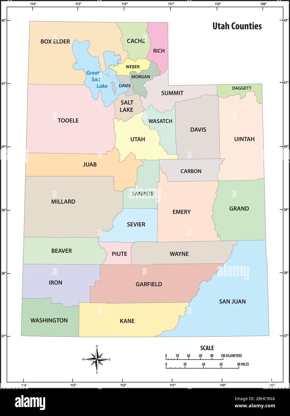 lo stato dello utah delineano a colori la mappa vettoriale amministrativa e politica Illustrazione Vettoriale