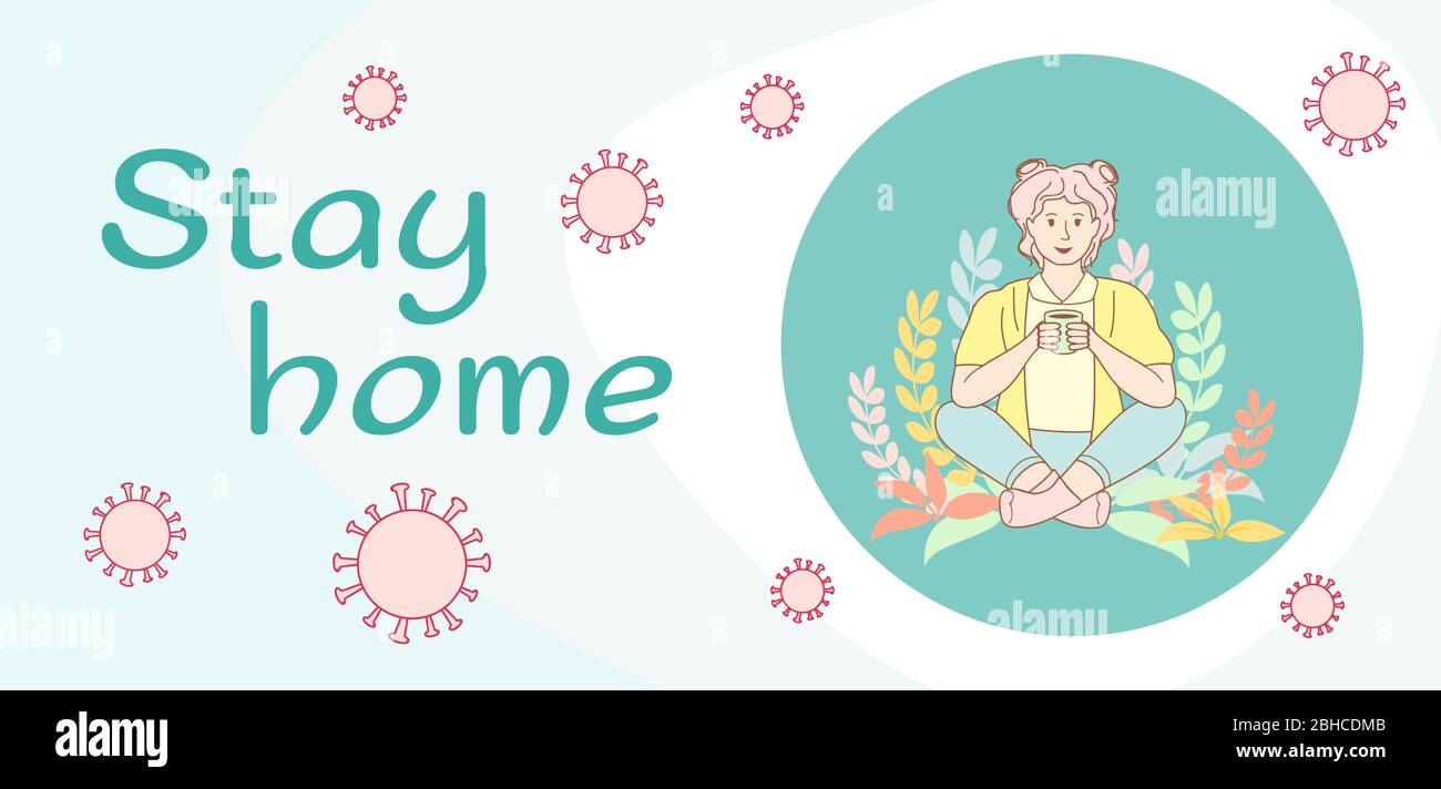 La ragazza siede in una posa di meditazione. Contro il virus Coronavirus Covid 19 nell'aria. Salvare la salute, rimanere a casa. Concetto di prevenzione del coronavirus. Illustrazione vettoriale Illustrazione Vettoriale