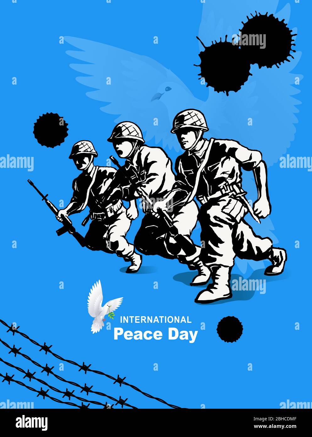 Giornata internazionale della pace, Soldier e Flying dove background Illustrazione Vettoriale