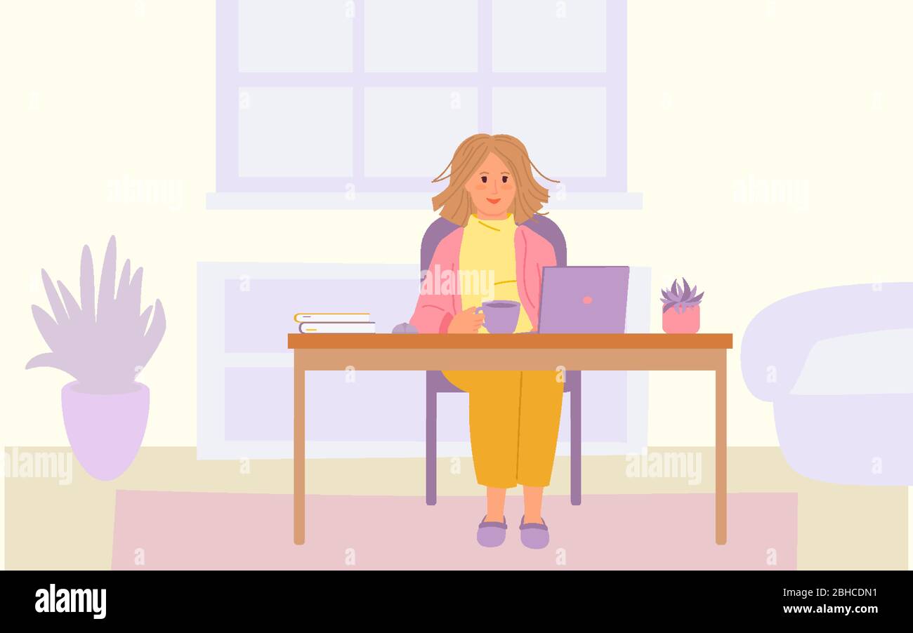 Ragazza freelance con un computer portatile a tavola. Concetto di soggiorno a casa. Fermare lo scoppio e la diffusione di virus. Ragazza che studia, bevendo caffè. Freelancer, personaggio da cartoon per studenti. Illustrazione vettoriale Illustrazione Vettoriale