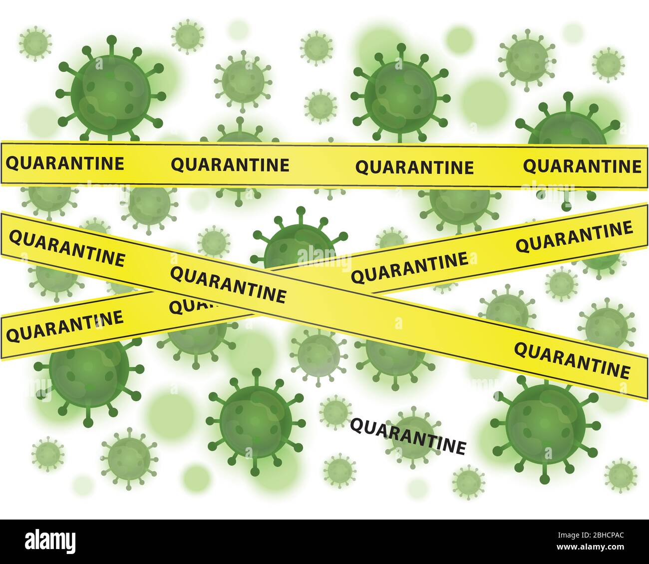 Illustrazione grafica del virus Corona, sfondo di covid-19, virus verde, sfondo bianco, vettore. Simbolo di nastro di avvertenza giallo, cartello di attenzione Illustrazione Vettoriale