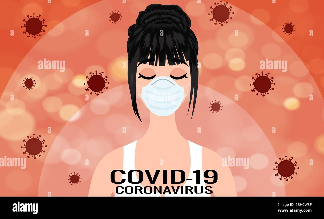 Donna che indossa una maschera chirurgica monouso per il viso per proteggere la città da un alto inquinamento atmosferico. Arrestare la diffusione dei virus, contribuire a prevenire le trasmissioni mano-a-bocca. Concetto di prevenzione di Covid 19. Illustrazione Vettoriale