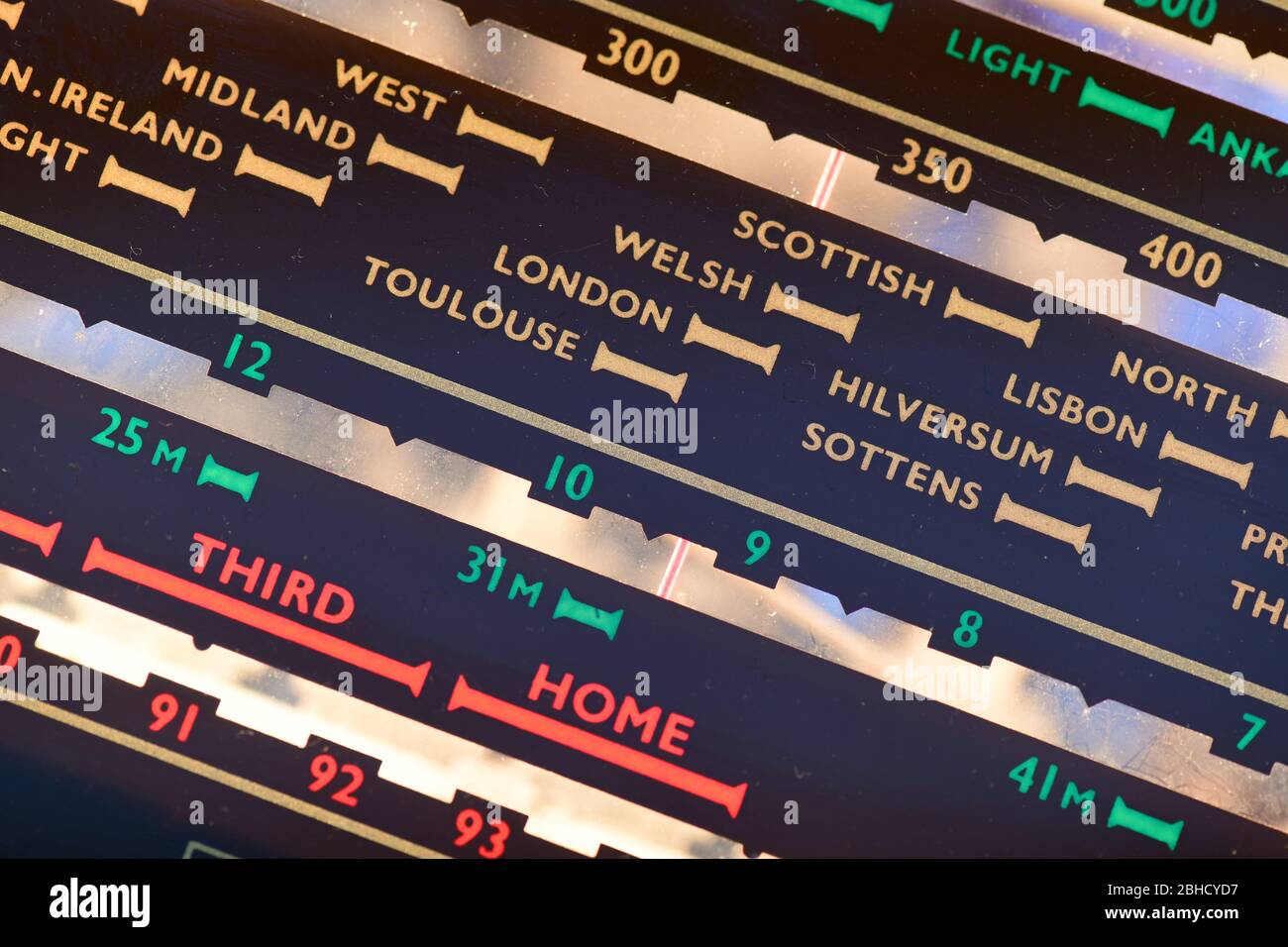 radiogramma antico che mostra lunghezze d'onda e paesi sul display illuminato di sintonizzazione Foto Stock