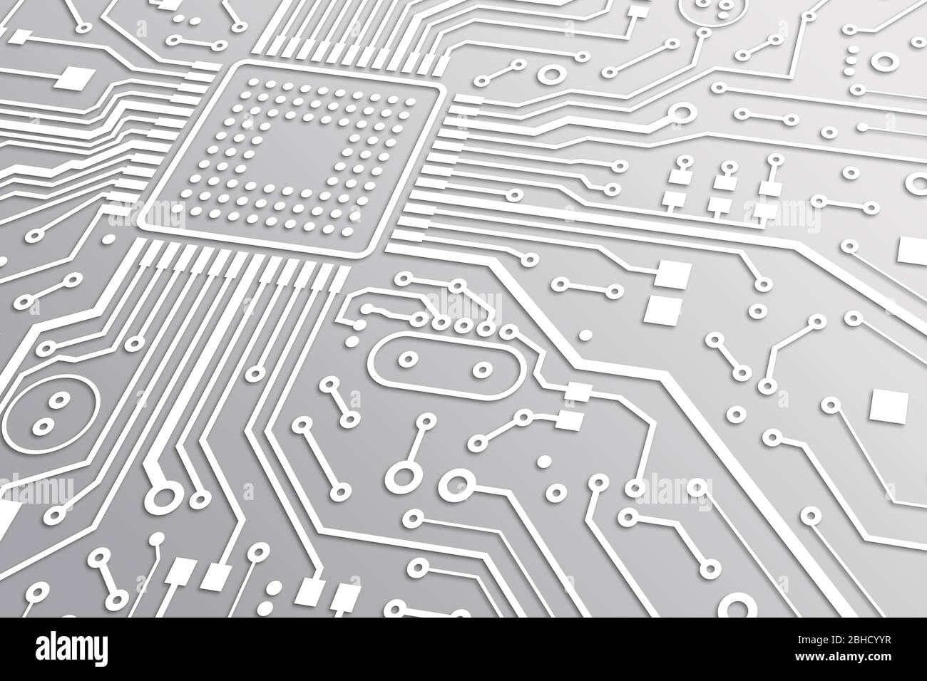 Alta tecnologia. Illustrazione macro di una scheda a circuito stampato con microchip e linee bianche Foto Stock