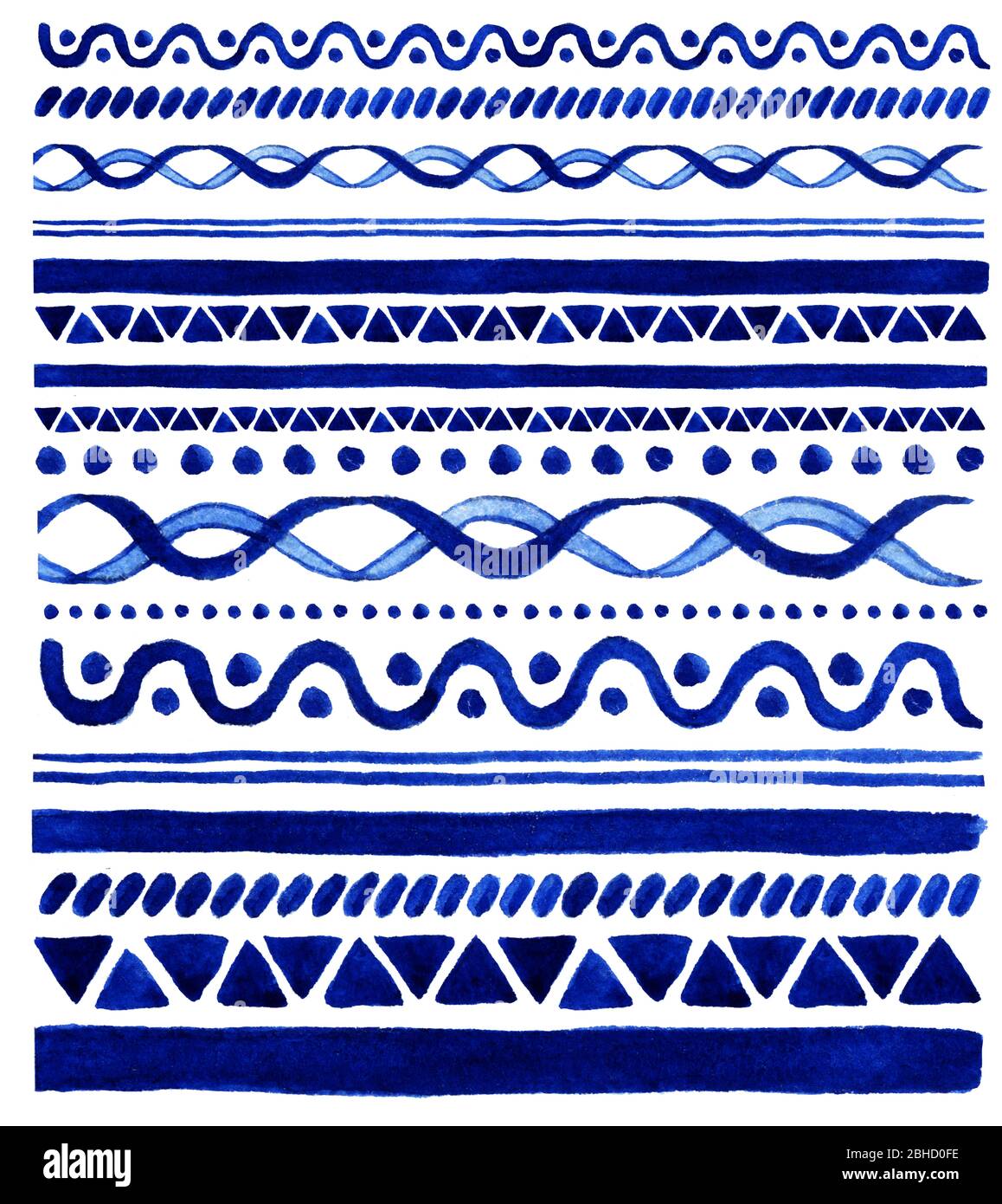 Bordi acquerello blu impostati. Spazzole isolate per il design del telaio. Arte acquerello dipinta a mano Foto Stock
