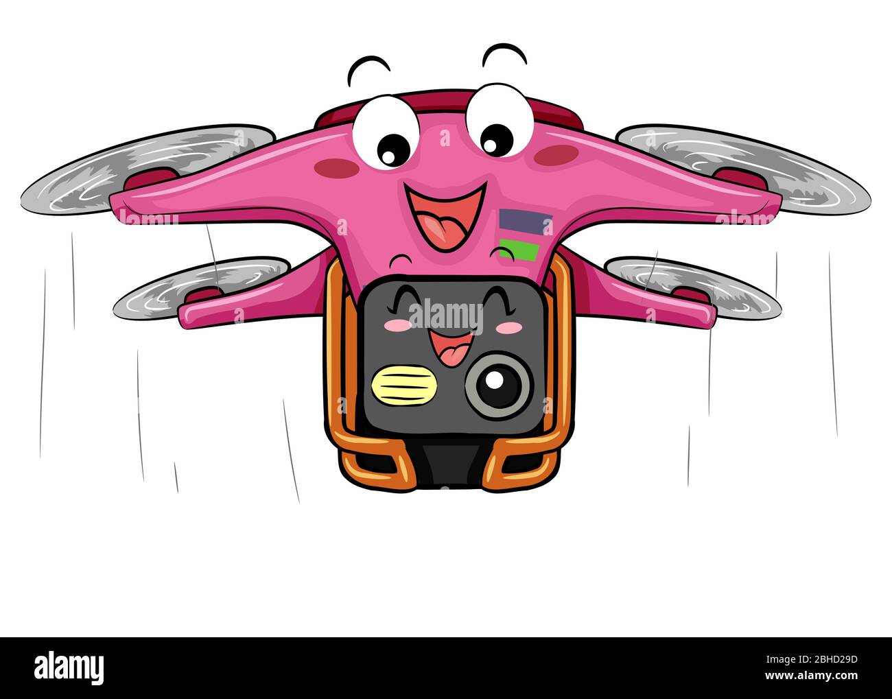 Illustrazione di una mascotte drone che trasporta una mascotte della macchina fotografica e che volando per scattare le immagini Foto Stock
