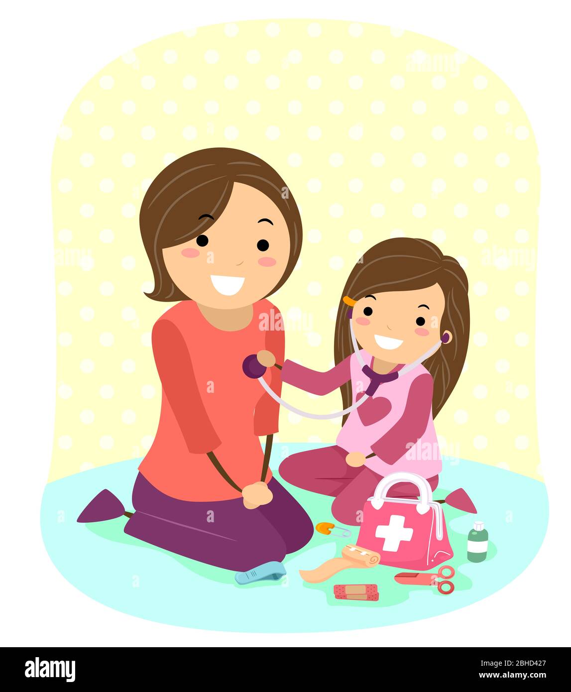 Illustrazione di Stickman Kid Girl che gioca Doctor con la sua madre e utilizzando Stetoscopio con il primo Kit Toy vicino a lei Foto Stock